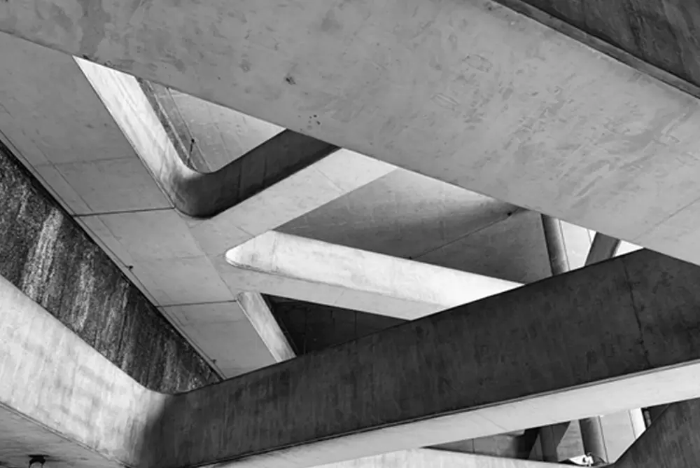 A concrete structure pictured in black and white.